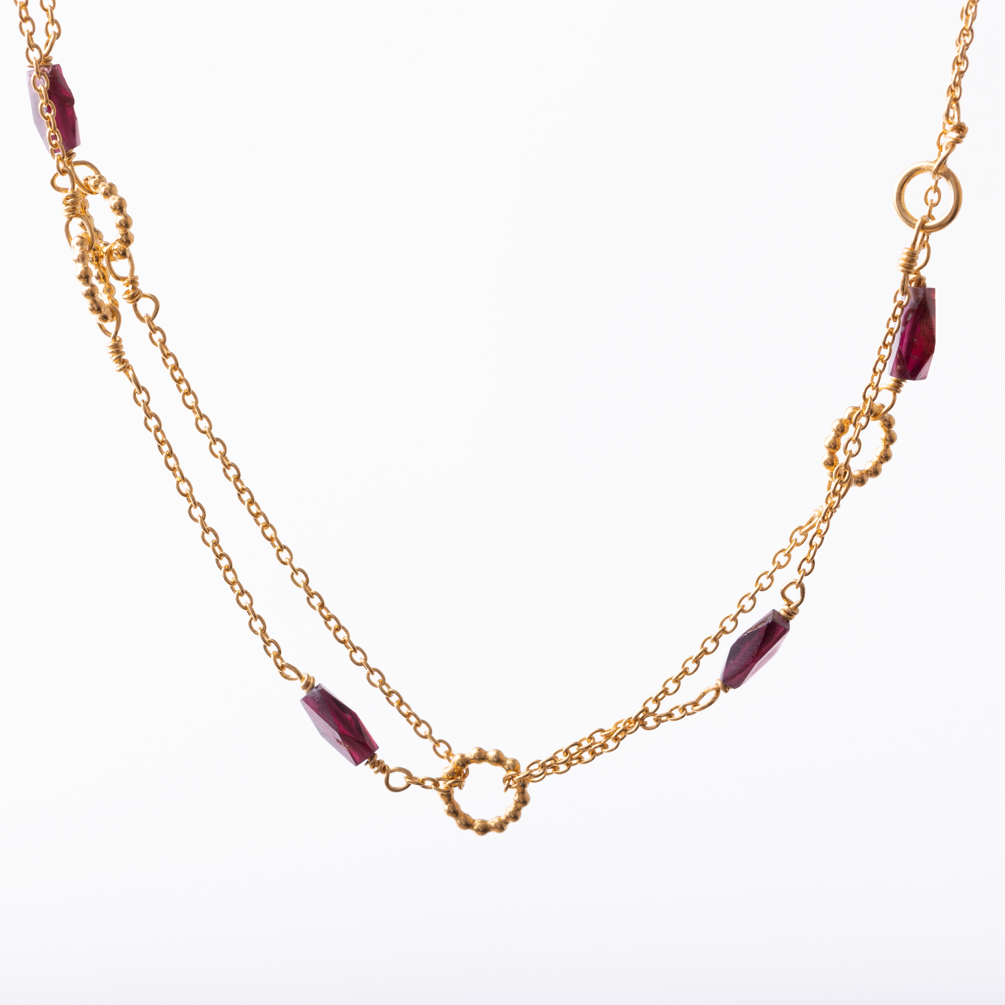 Double Layer Necklace with Rings - Garnet