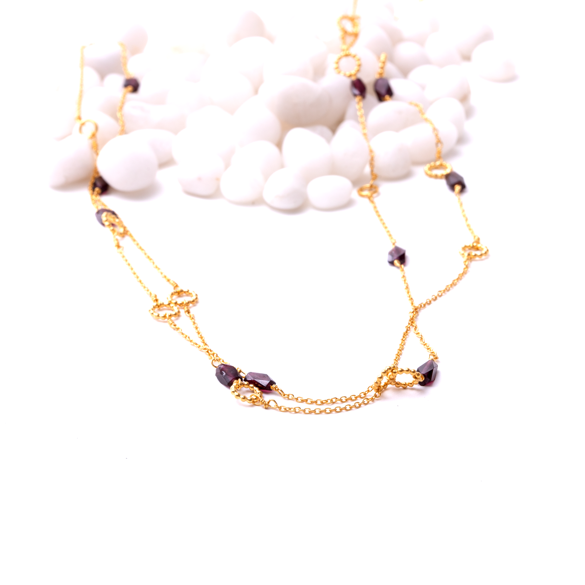 Double Layer Necklace with Rings - Garnet