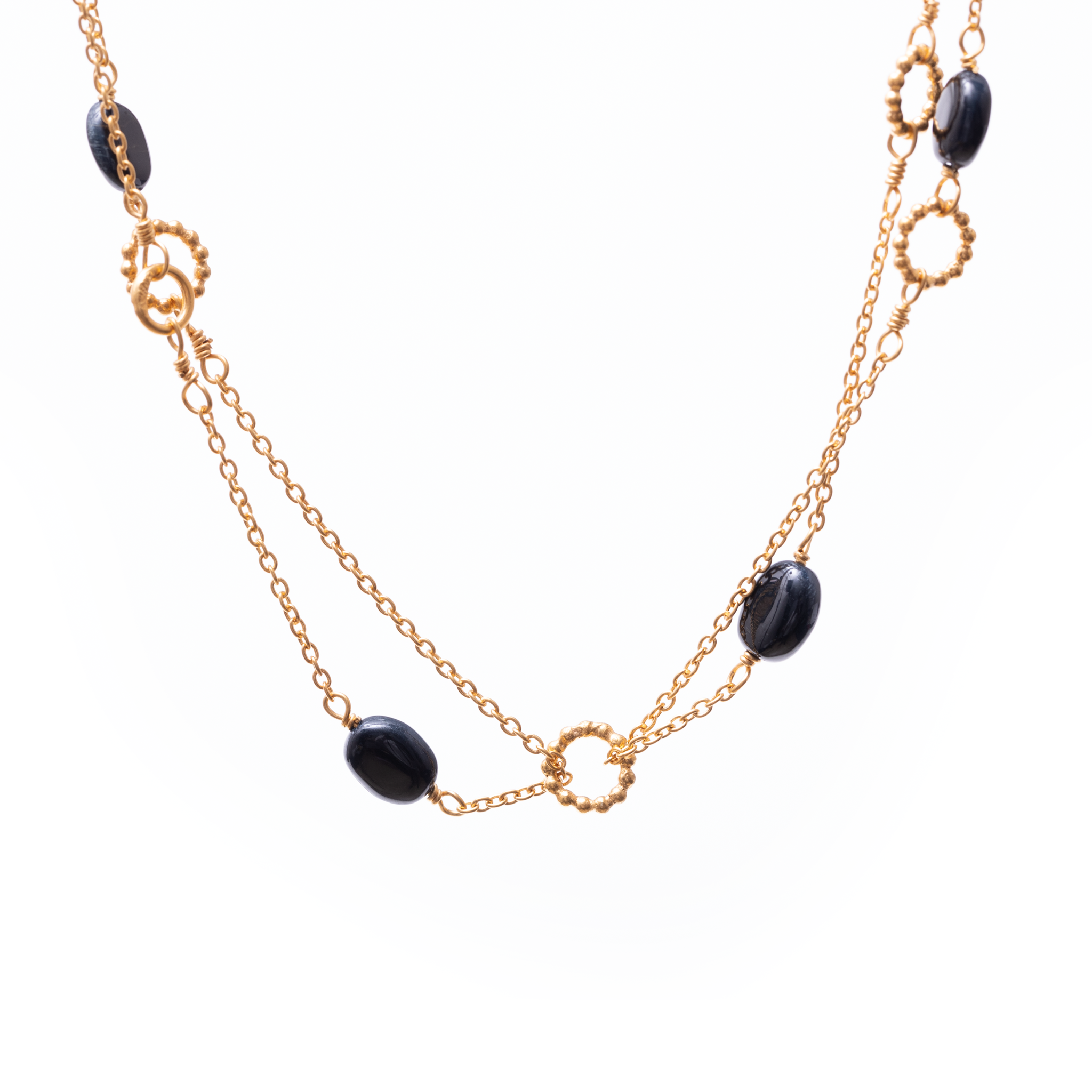 Double Layer Necklace with Rings - Black Onyx