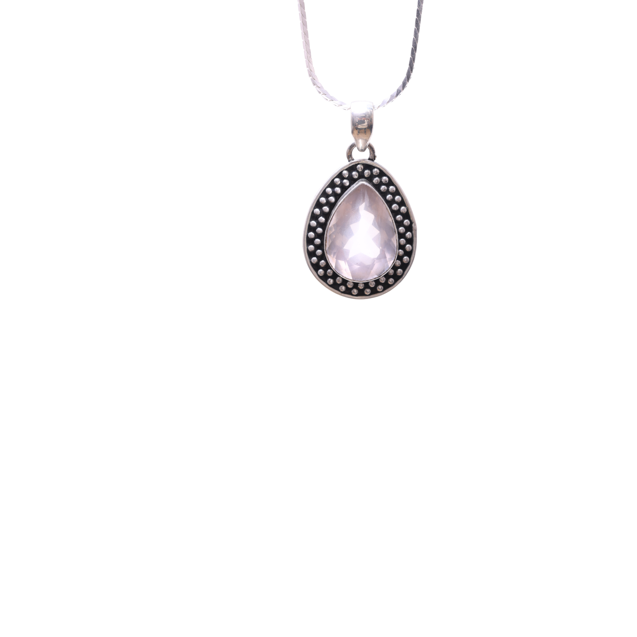 Oxidised Oval Pendant - Rose Quartz