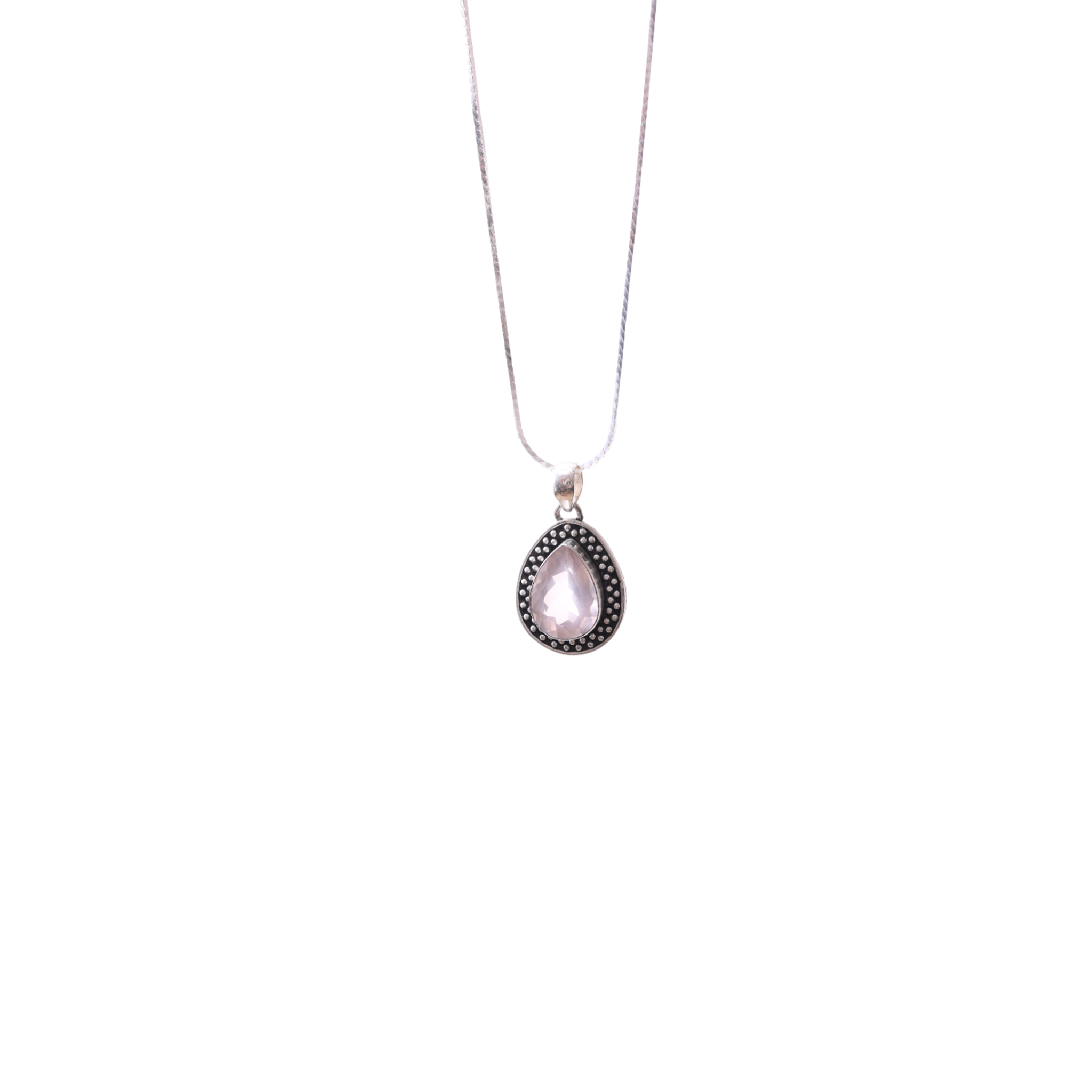 Oxidised Oval Pendant - Rose Quartz