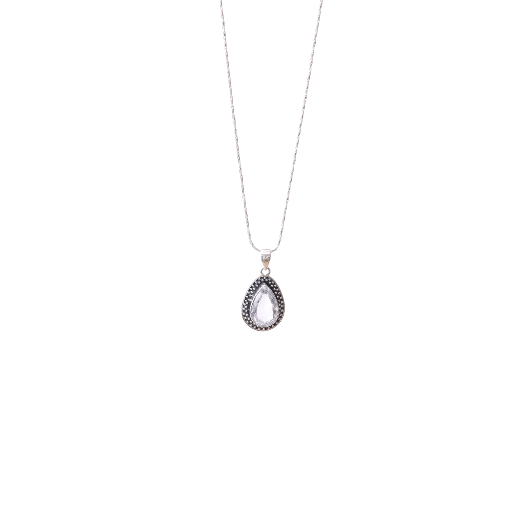 Oxidised Oval Pendant - White Crystal