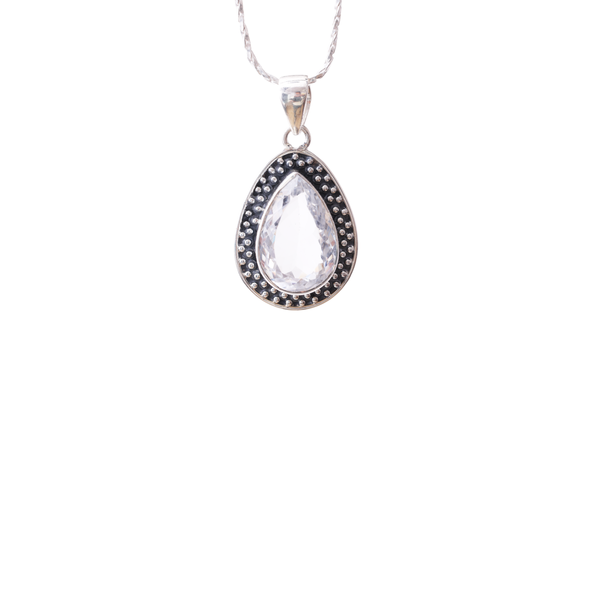 Oxidised Oval Pendant - White Crystal
