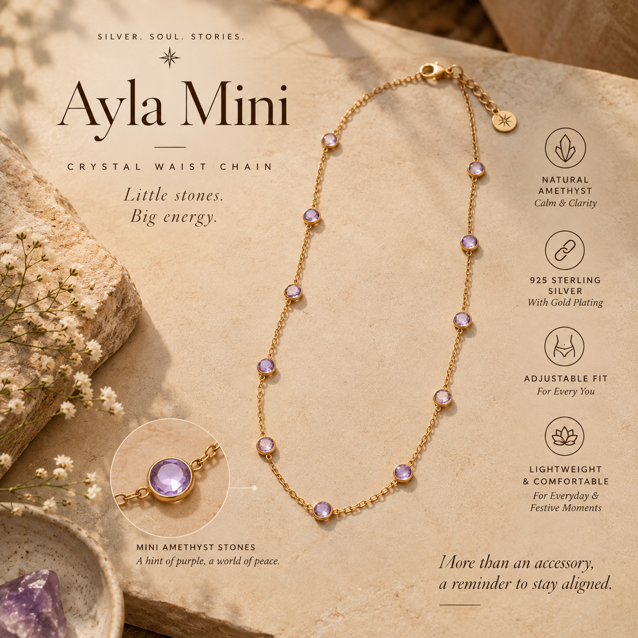Saaz Crystal Waist Chain -  Leher -   Smokey Quartz
