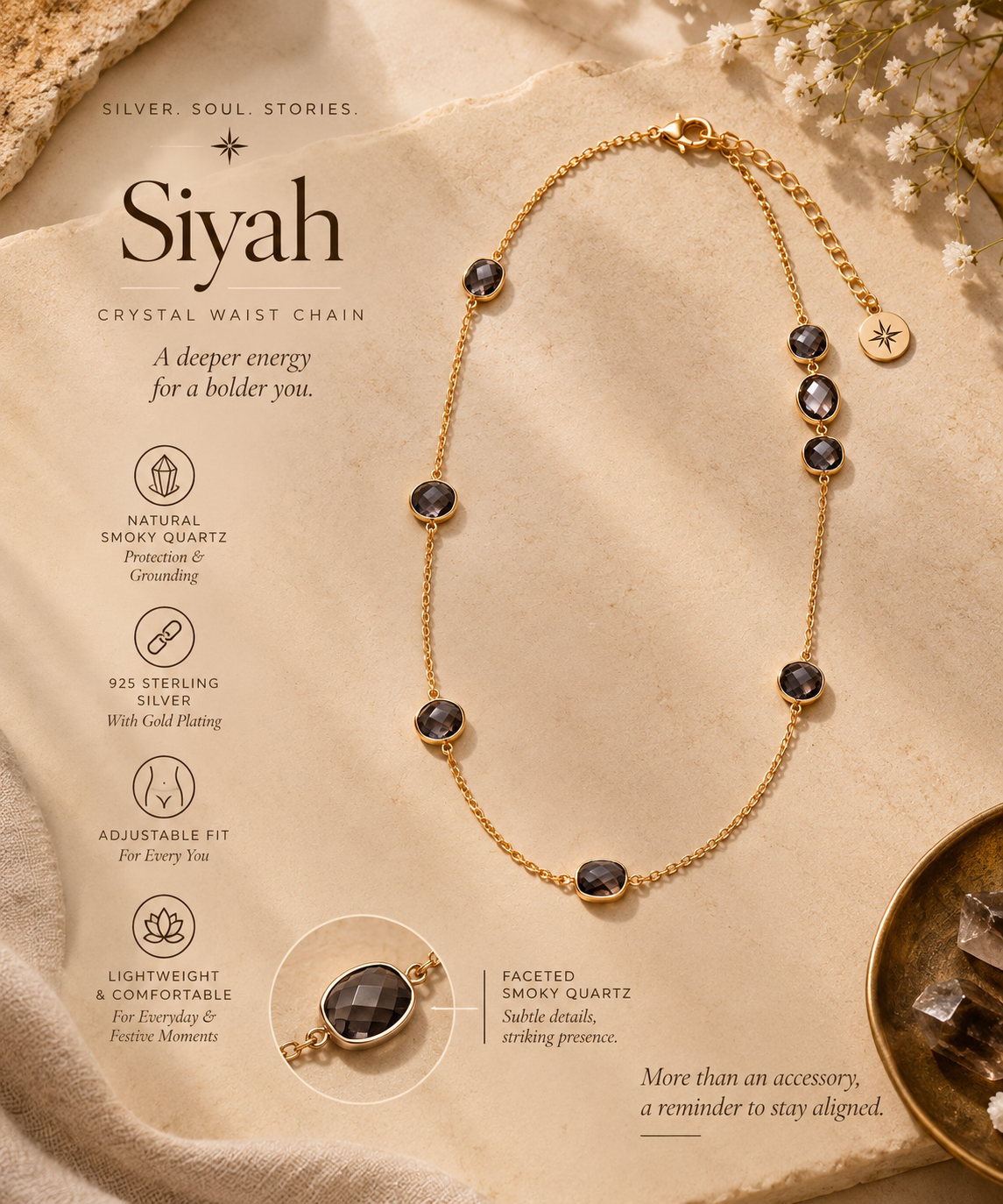 Saaz Crystal Waist Chain -  Leher -   Smokey Quartz
