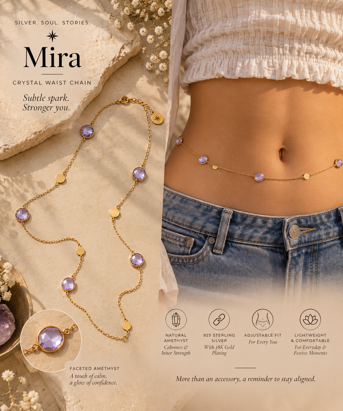 Saaz Crystal Waist Chain -  Leher -   Smokey Quartz
