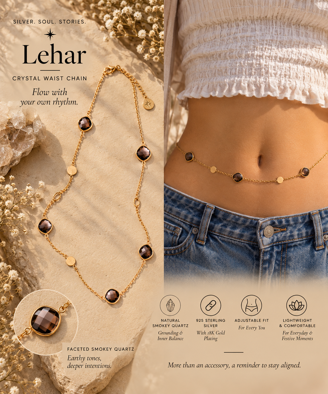 Saaz Crystal Waist Chain -  Leher -   Smokey Quartz