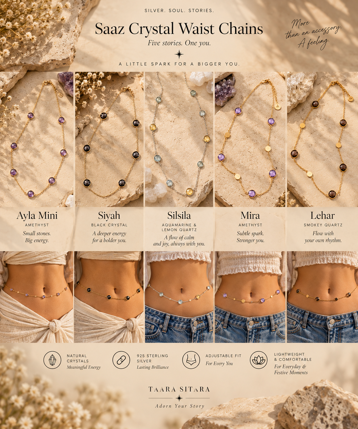 Saaz Crystal Waist Chain -  Leher -   Smokey Quartz