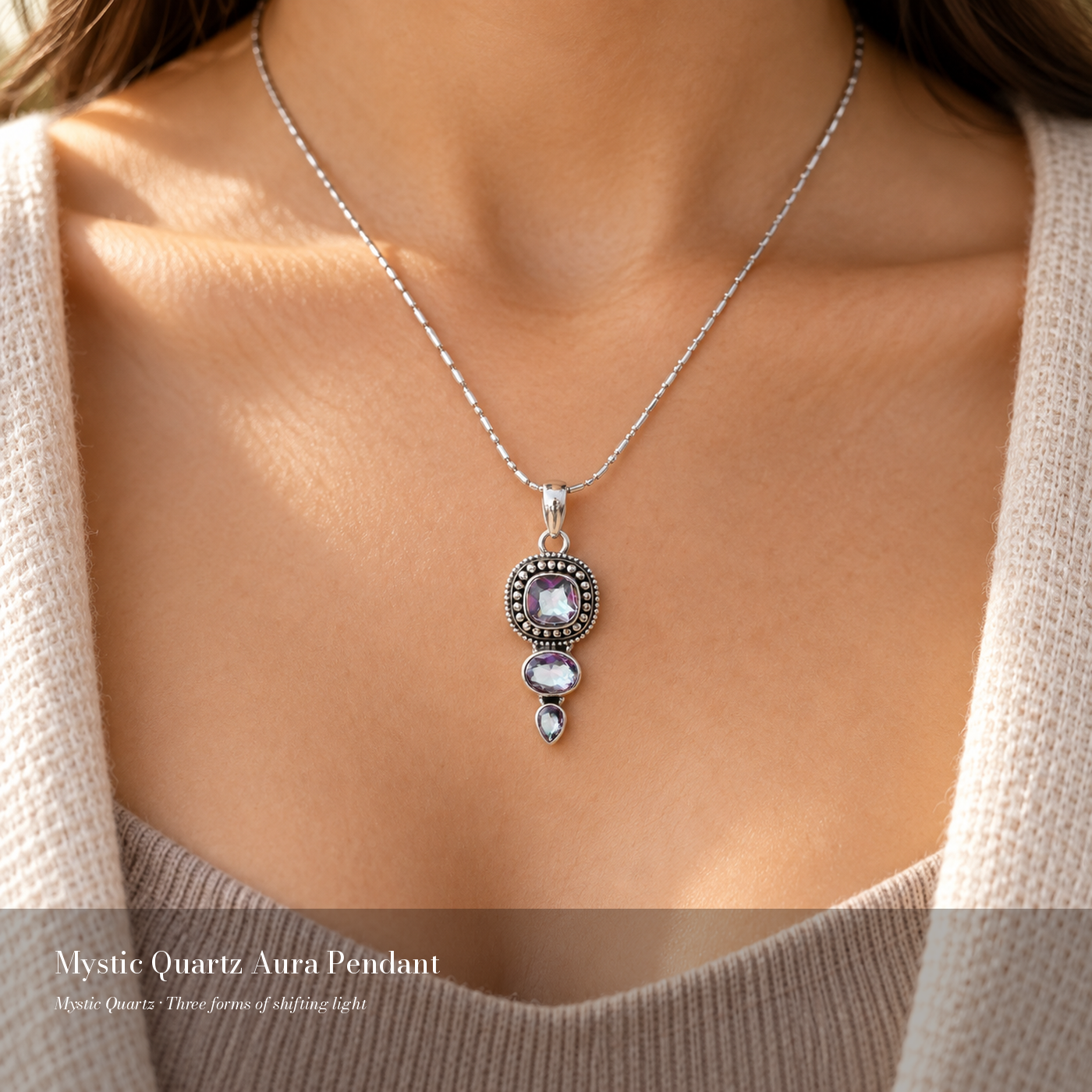 Mystic Quartz Aura Pendant – close lifestyle view