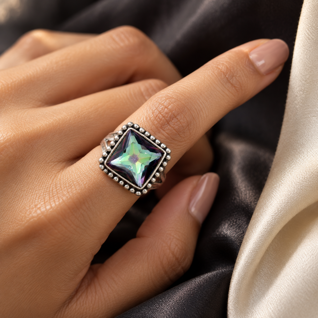 Mystic Mirage ring worn on a manicured hand